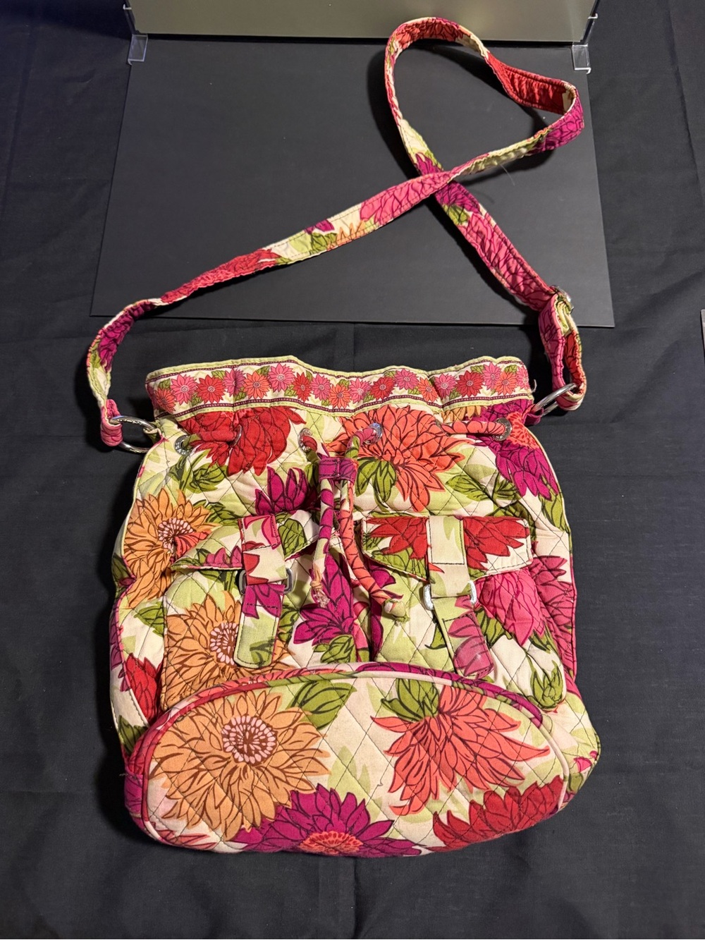 Vera Bradley Quilted Floral Drawstring Crossbody in Pink, Orange and Green